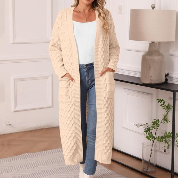Womens Long Cardigan Sweaters Fall Open Front Coat Long Sleeve Cable Knit Maxi O - Picture 3 of 7